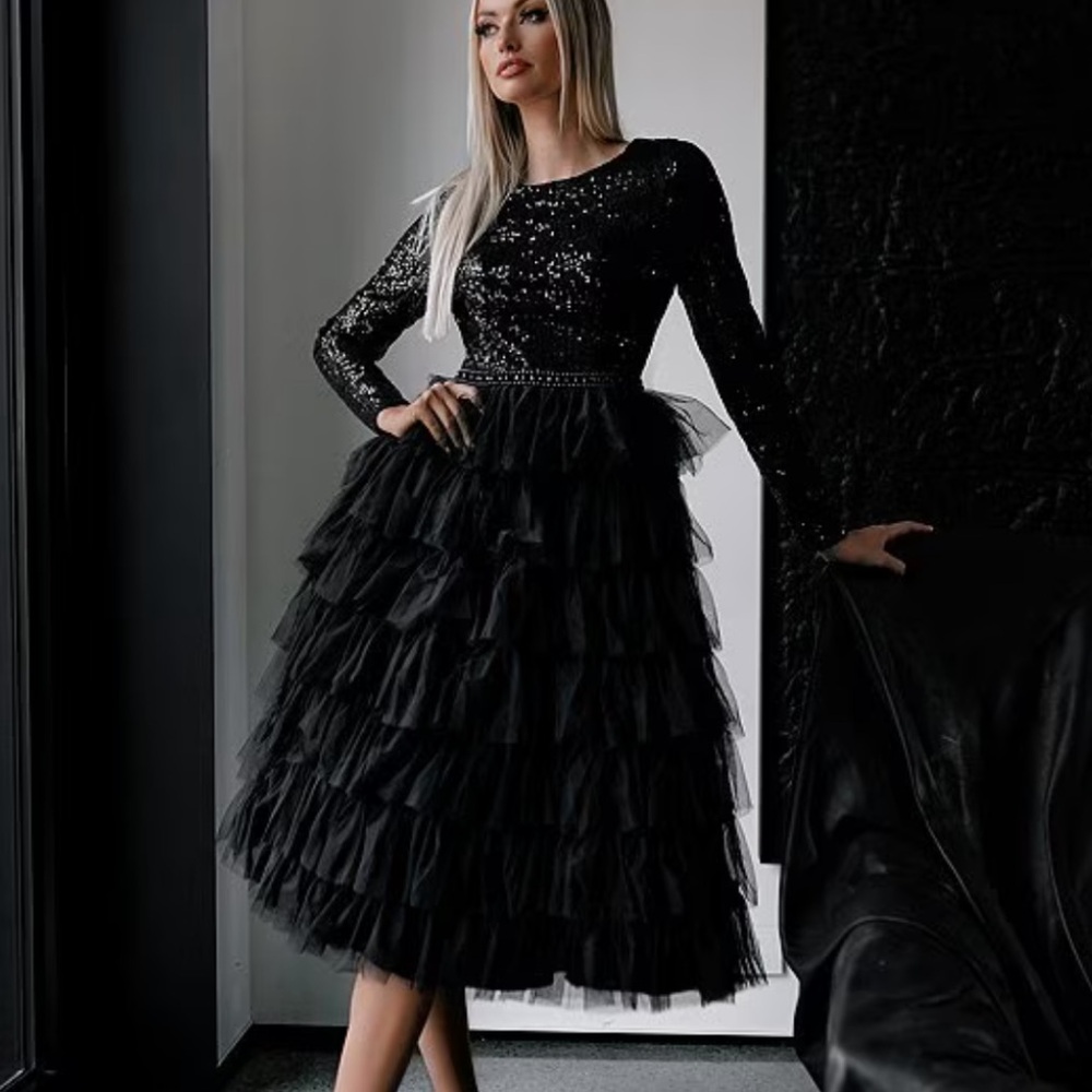 Mac Duggal Black Sequin Layered Dress